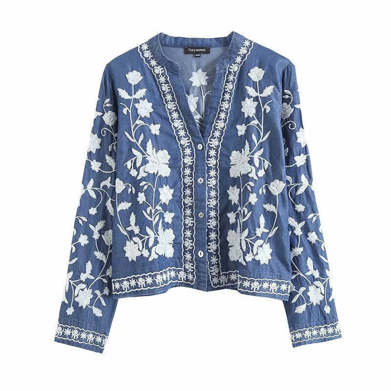 Boho Denim Bloom Strickjacke