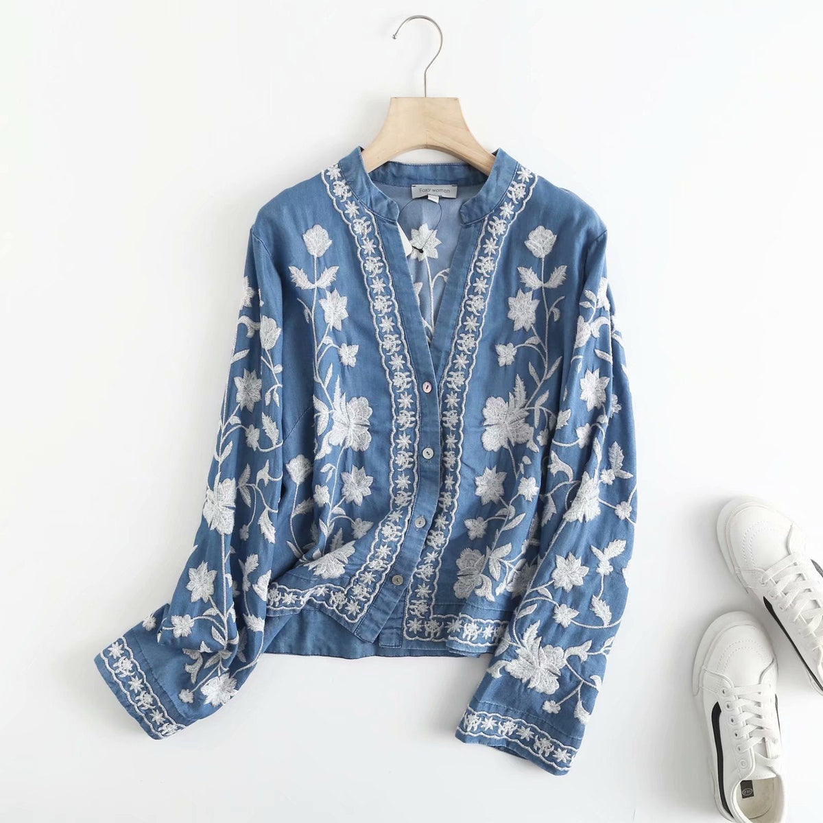 Boho Denim Bloom Strickjacke