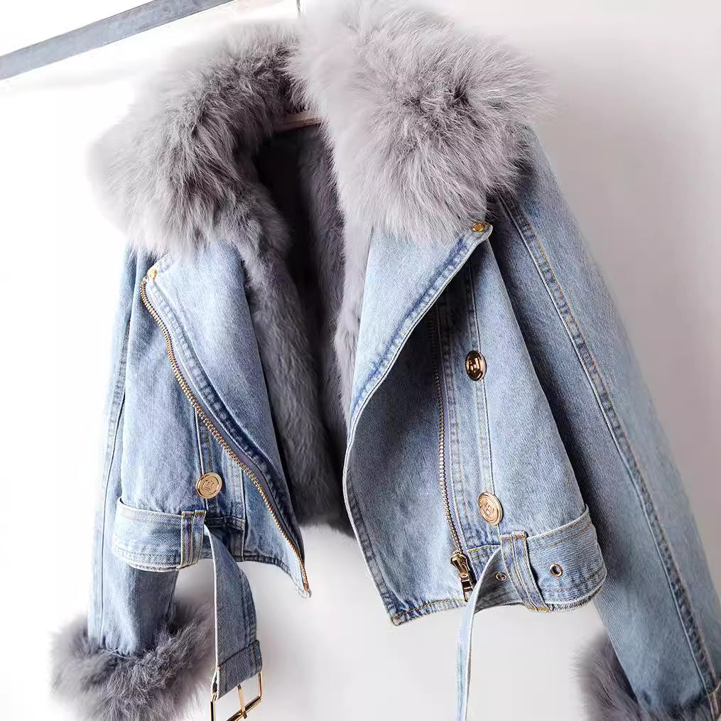 Margaux Luxe gefütterter Denimmantel aus Fuchspelz