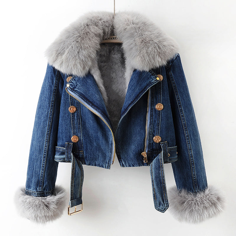 Margaux Luxe gefütterter Denimmantel aus Fuchspelz