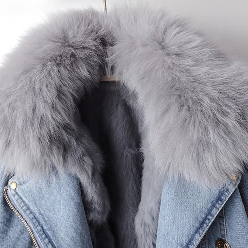 Margaux Luxe gefütterter Denimmantel aus Fuchspelz