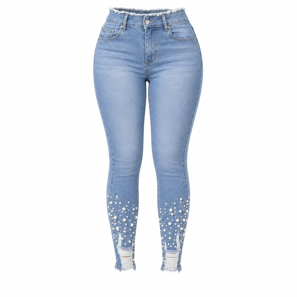 Itzel | Women's light blue, pearl-embellished skinny jeans with a slim fit