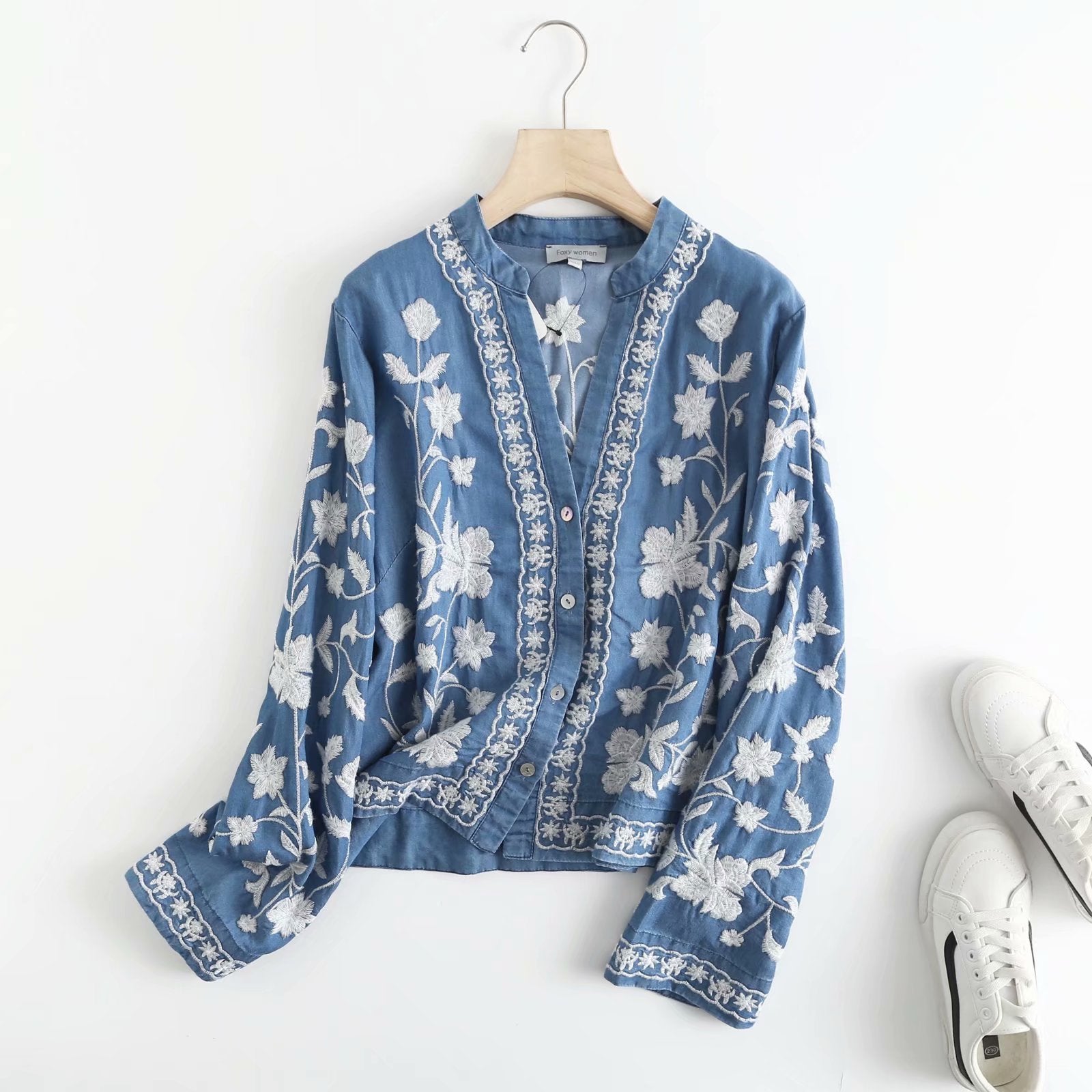 Boho Denim Bloom Strickjacke