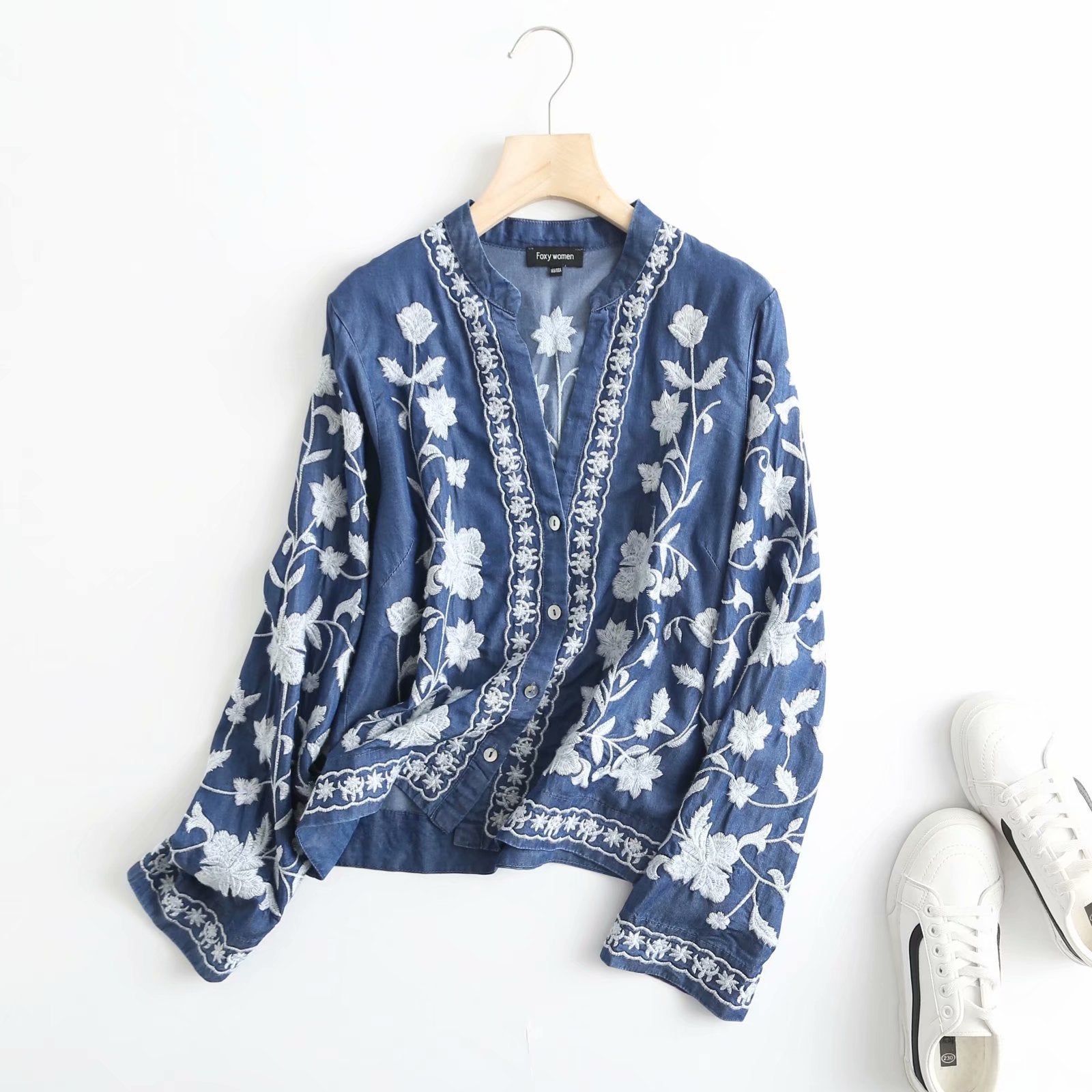 Boho Denim Bloom Strickjacke