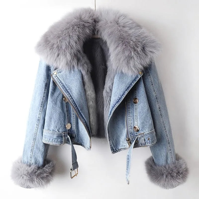 Margaux Luxe gefütterter Denimmantel aus Fuchspelz
