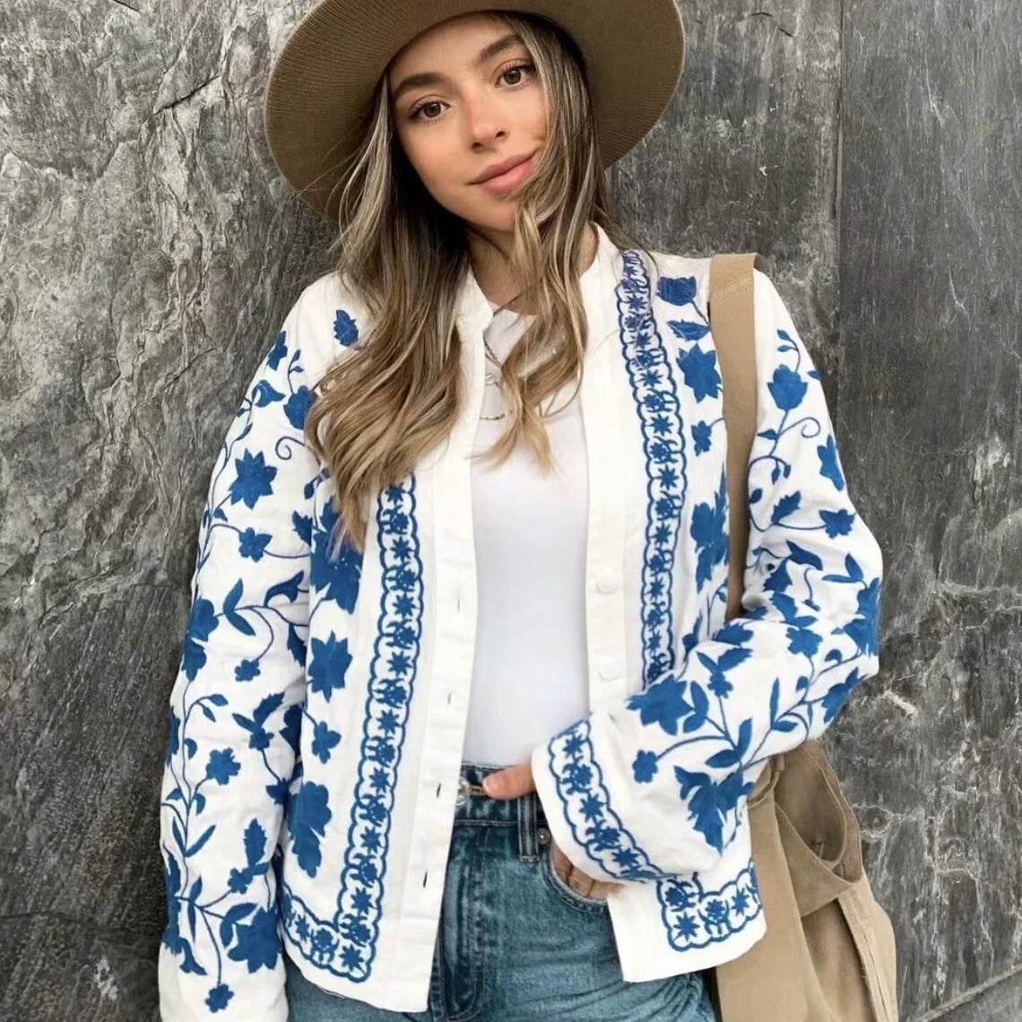 Boho Denim Bloom Strickjacke
