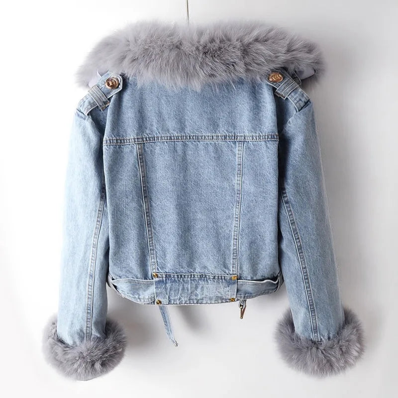 Margaux Luxe gefütterter Denimmantel aus Fuchspelz